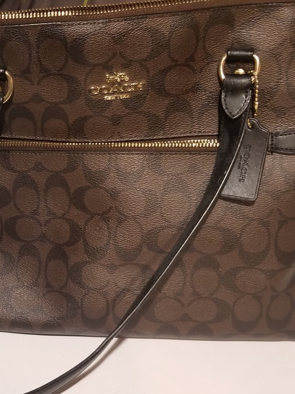 COACH Brown Signature Canvas Shoulder Bag with Black Leather Trim